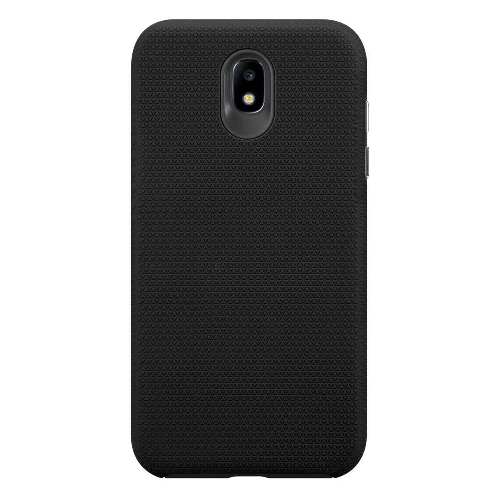 Una custodia per telefono nera con un motivo strutturato e un foro per la fotocamera.