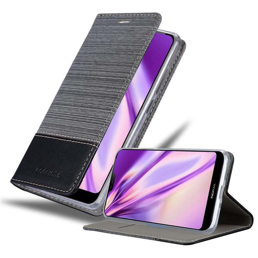 Telefono nella custodia. La custodia è grigia e nera. Lo schermo del telefono mostra un motivo viola. Custodia aperta, un telefono dentro.