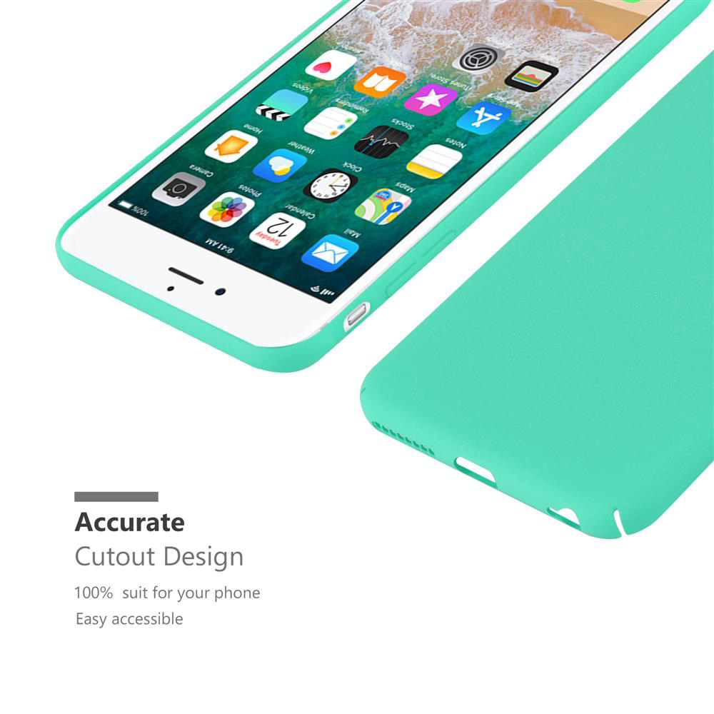 Ein Telefon mit Displayschutz und eine Hülle daneben. Die Hülle ist mintgrün und das Telefon zeigt Apps.