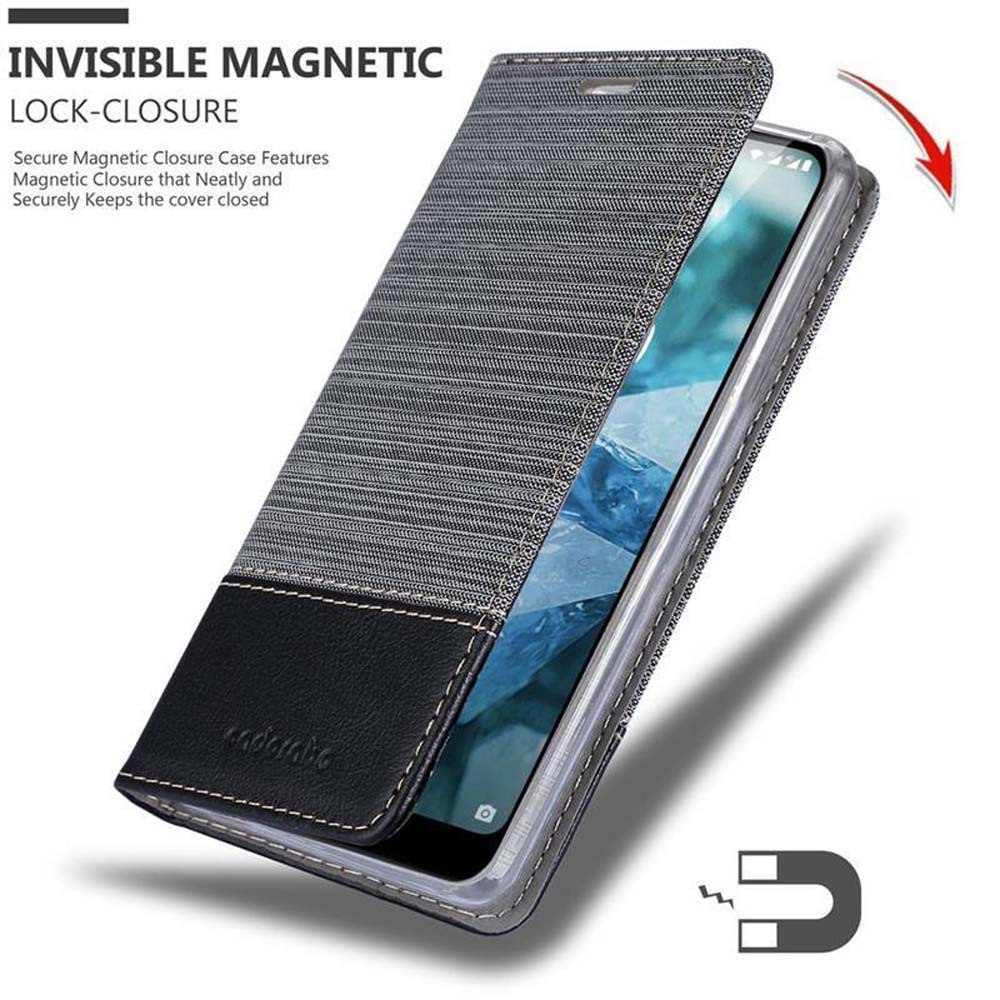 Custodia del telefono con un telefono all'interno. Testo: Chiusura magnetica invisibile. Caratteristiche della custodia con chiusura magnetica sicura.