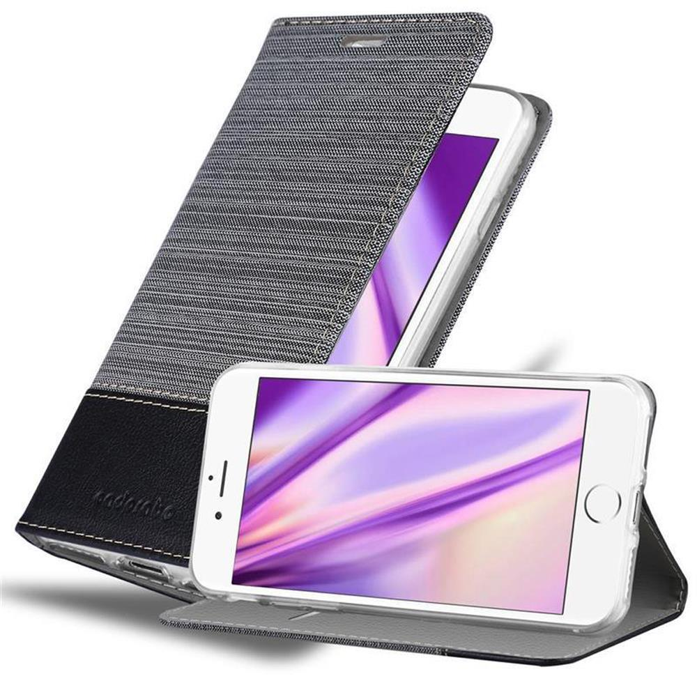 Custodia per telefono, aperta, con un telefono. Tessuto grigio e nero sulla copertura.