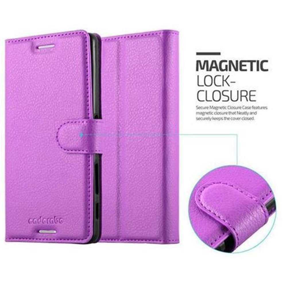 Custodia per telefono viola, chiusa. La custodia ha una chiusura magnetica e viene mostrata con un primo piano.