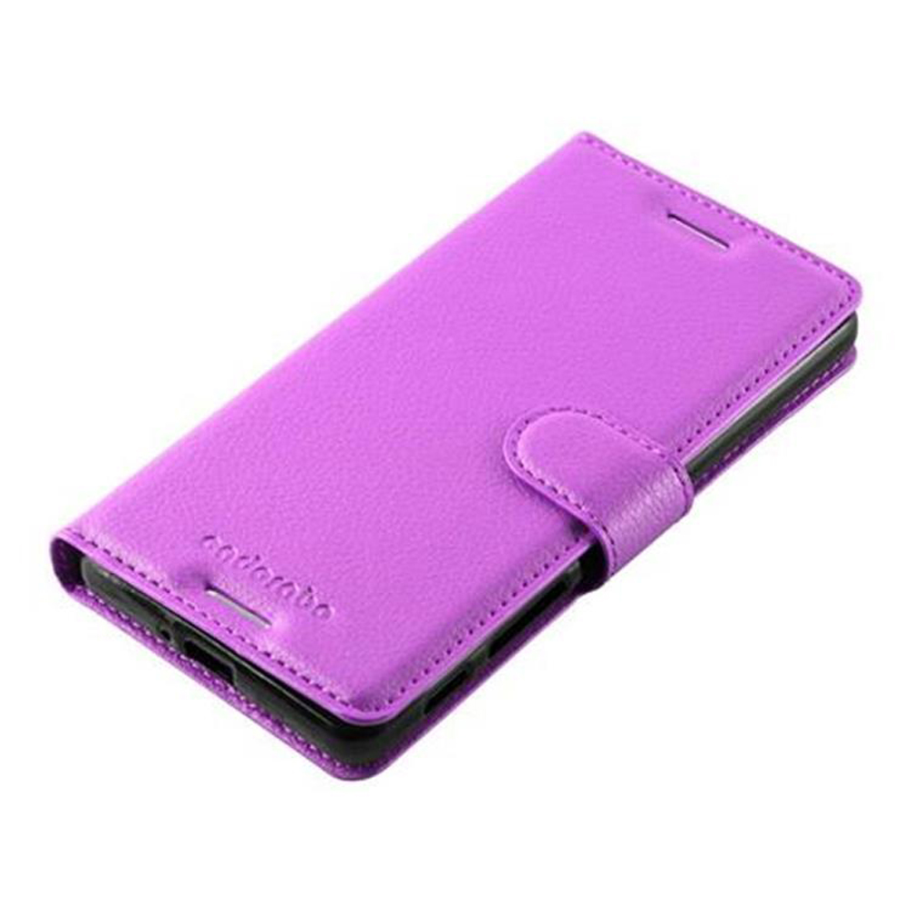 Custodia per telefono viola, chiusa. Testo: Portafoglio compatto. Chiusura magnetica.