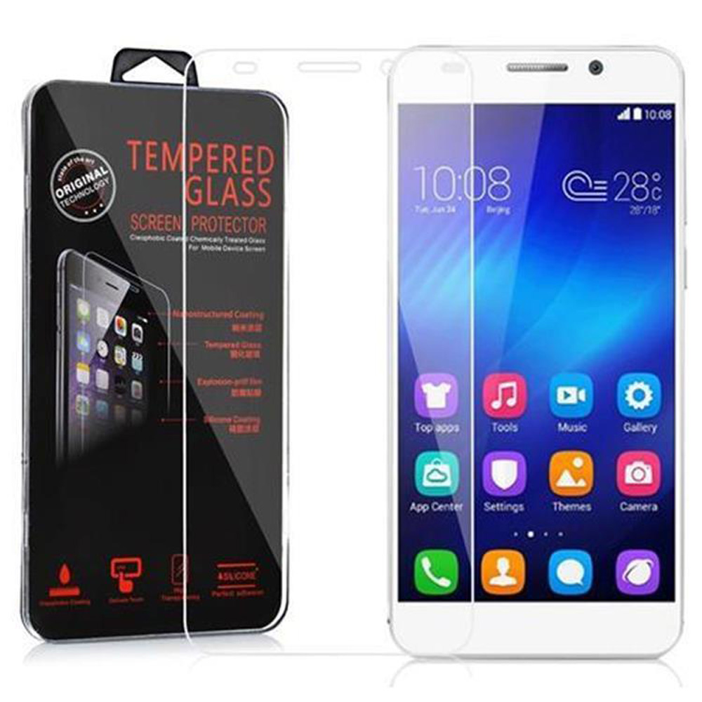 Proteggi schermo in vetro temperato con scatola nera. Il telefono a destra mostra app e ora. Testo: Vetro temperato.