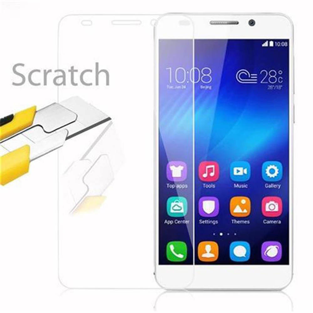 Telefono con protezione schermo, un coltello e la parola 'Scratch'. Lo schermo mostra icone.