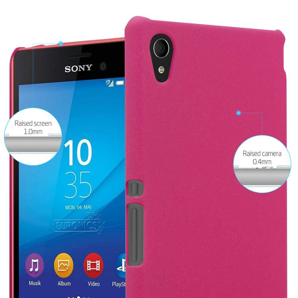 Un teléfono rosa con una funda rosa. La funda está en la parte trasera. Tiene una cámara y una pantalla elevada.