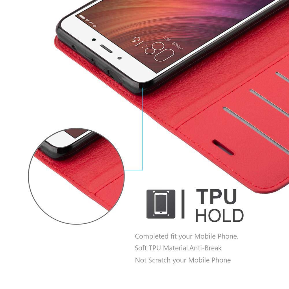 Rote Handyhülle mit Telefon. TPU HOLD Detail ist gezeigt, mit Telefon in der Hülle.
