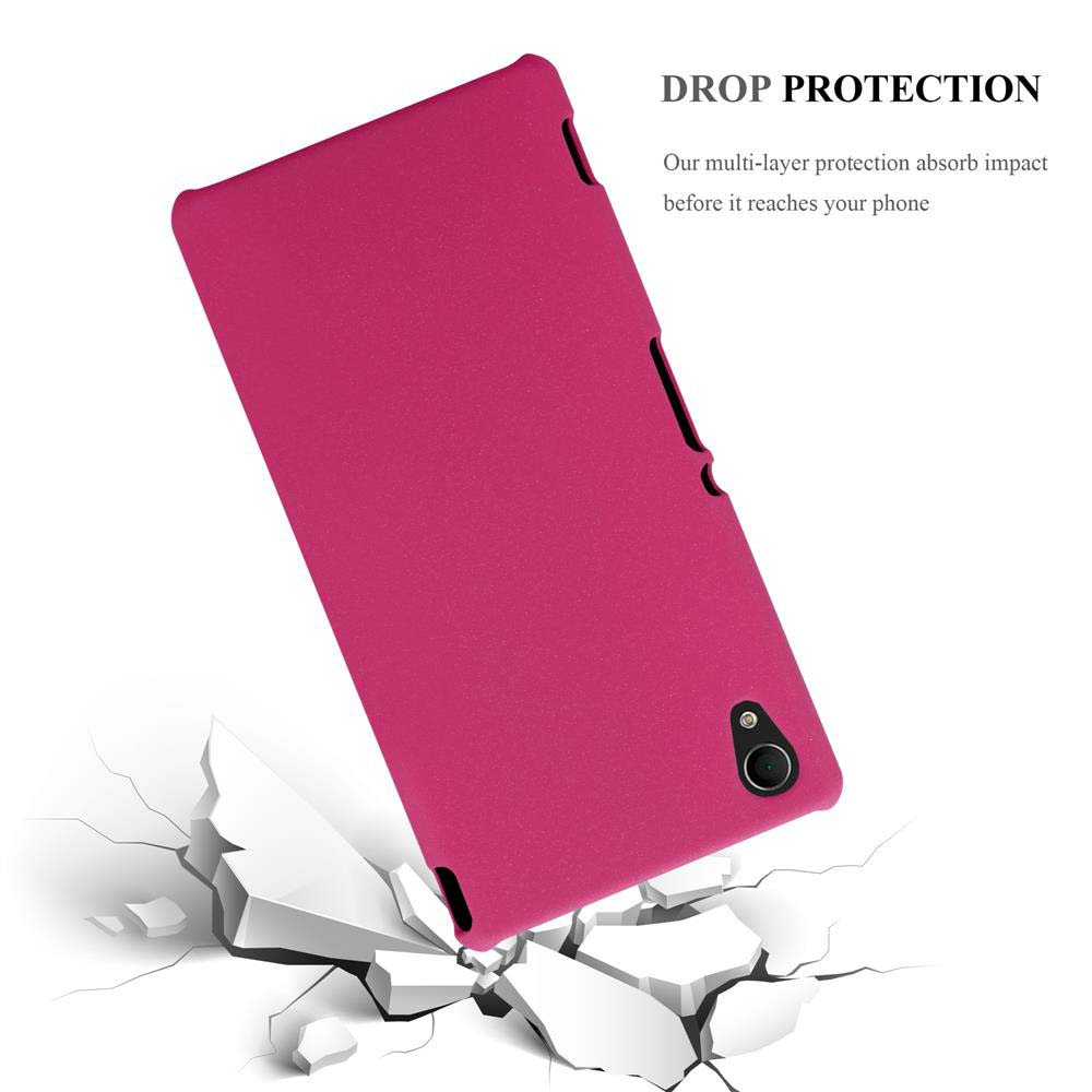 Una funda rosa para teléfono con un teléfono dentro. La funda se muestra con grietas.