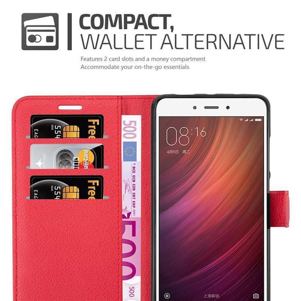 Eine rote Brieftaschen-Handyhülle ist geöffnet, mit Karten und Geld sichtbar und einem Telefonbildschirm.