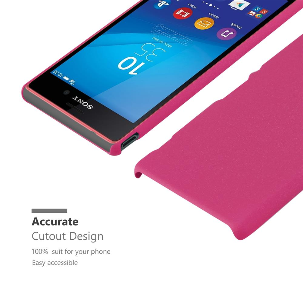 Funda de teléfono rosa con teléfono parcialmente dentro. El teléfono tiene funda rosa. El fondo es blanco.