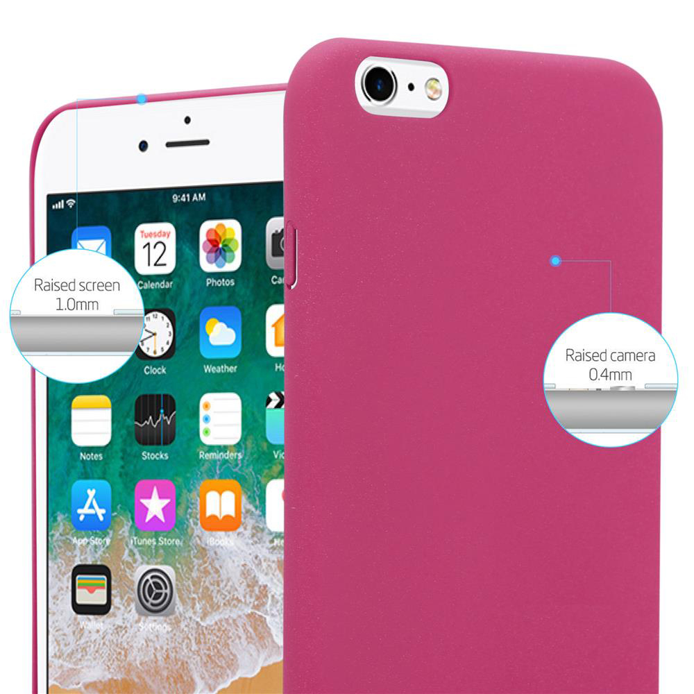 Custodia rosa su un telefono bianco con schermo visibile. Nota che lo schermo e la fotocamera sono rialzati.