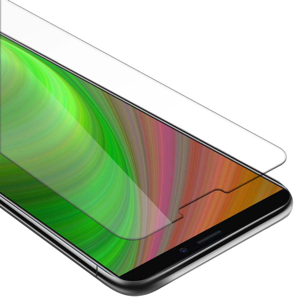 Uno schermo del telefono con protezione schermo. Lo schermo mostra colori verdi, arancioni e marroni.