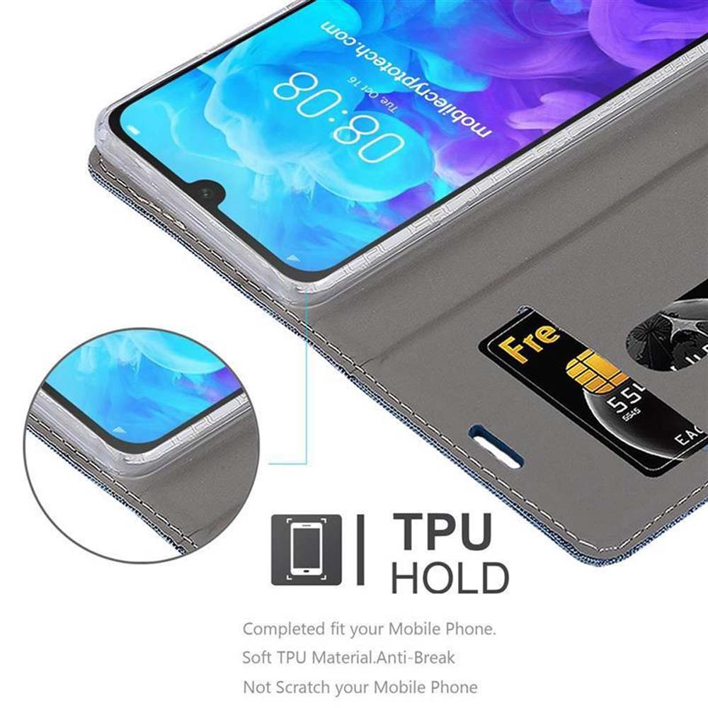 Telefono in una custodia. La custodia ha uno slot per schede. Lo schermo visualizza informazioni.