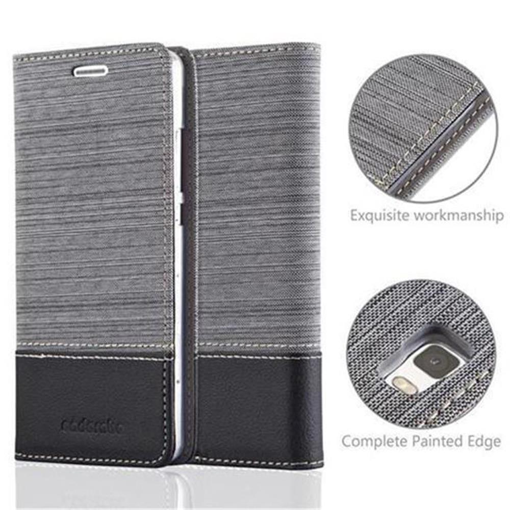 Graue Handyh ülle, geöffnet, mit Telefon darin. Details der Hülle, mit Nähten und Design.