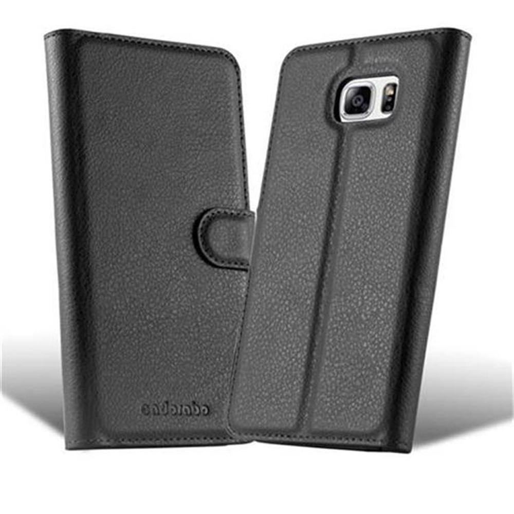 Custodia per telefono in pelle nera aperta e chiusa.