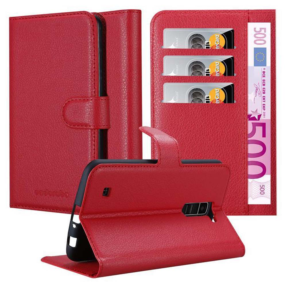 Portafoglio rosso per telefono con fessure per carte di credito e una banconota da 500 euro. Texture in pelle rossa.