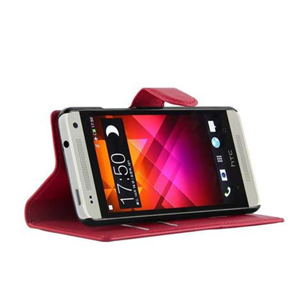 Telefono in una custodia rossa, che mostra l'ora e altre informazioni. Custodia aperta.