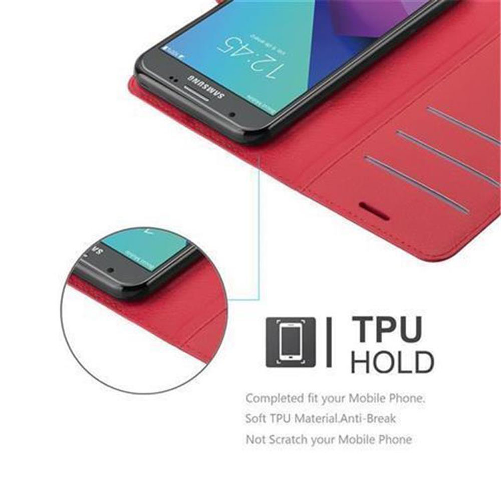 Custodia rossa per telefono con telefono nero, che mostra l'ora 12:45. Primo piano della custodia e del telefono.