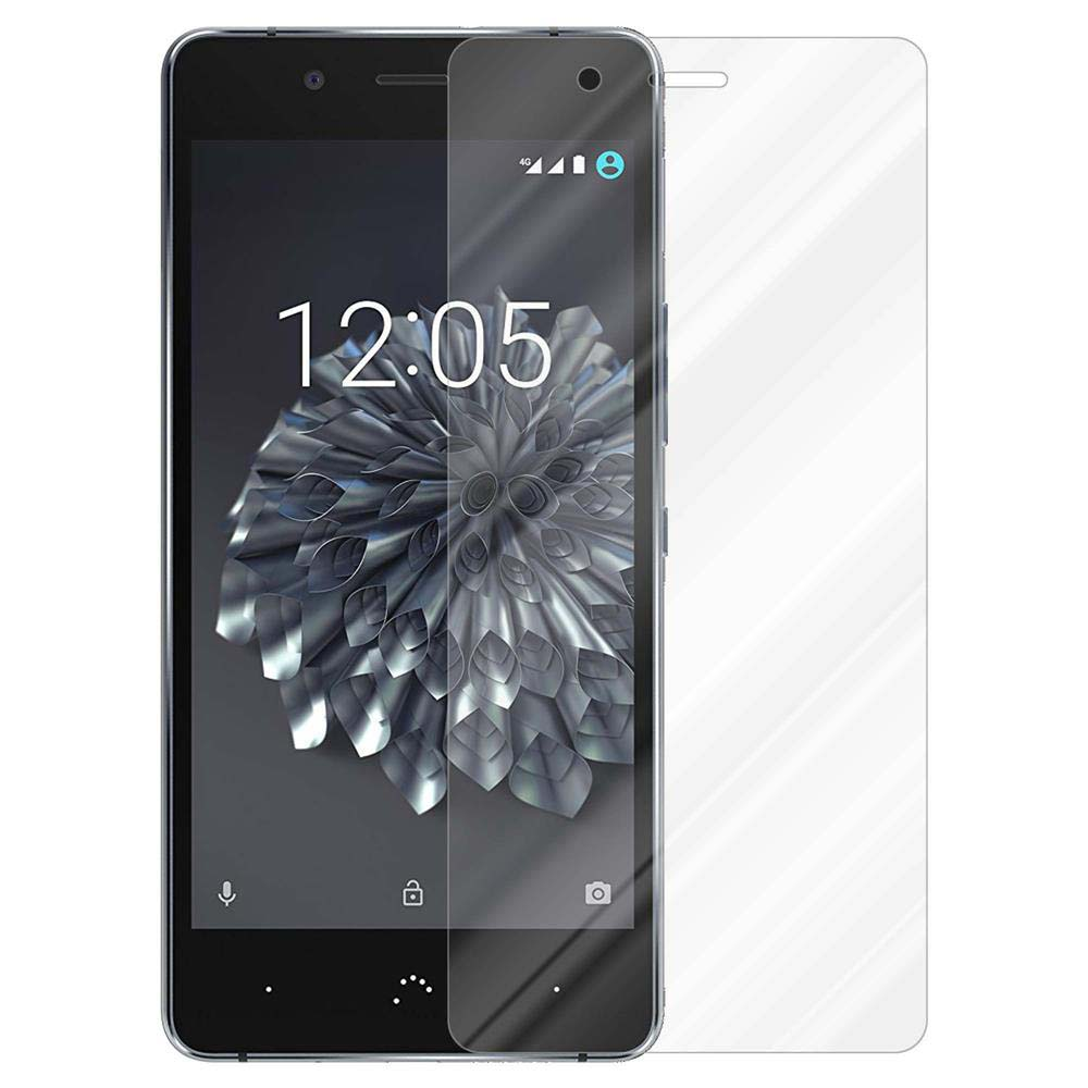 Telefono nero con protezione schermo. L'ora è 12:05. Lo sfondo ha un motivo floreale.