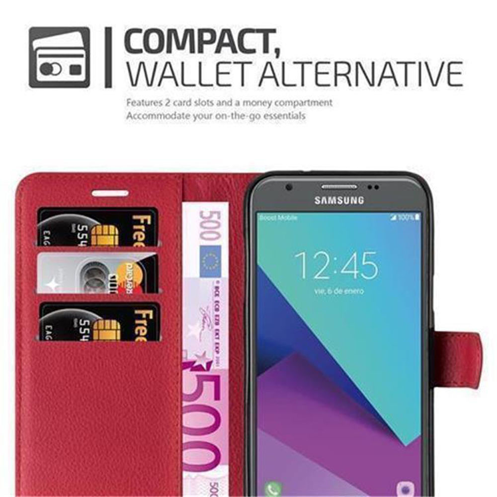 Una custodia rossa per telefono è aperta, che mostra carte e una banconota da 500 euro. Un telefono Samsung è nella custodia.