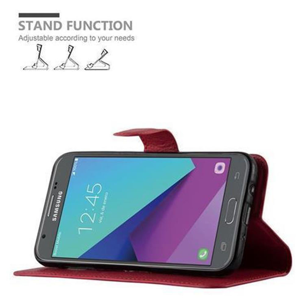 Telefono in una custodia rossa in piedi. Il testo dice 'Stand Function' e mostra come funziona.