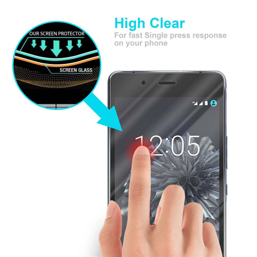 Mano che tocca lo schermo del telefono mostrando l'ora. Il testo sopra dice 'High Clear'. Un proteggi schermo è applicato.
