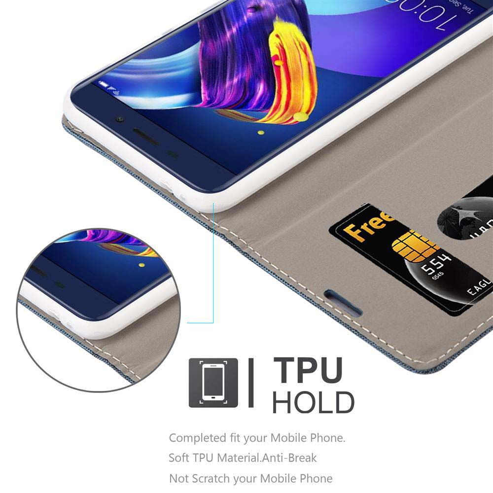 Telefon in einer Hülle mit Kreditkarte. Die Hülle ist grau. Das Telefon zeigt die Oberfläche.