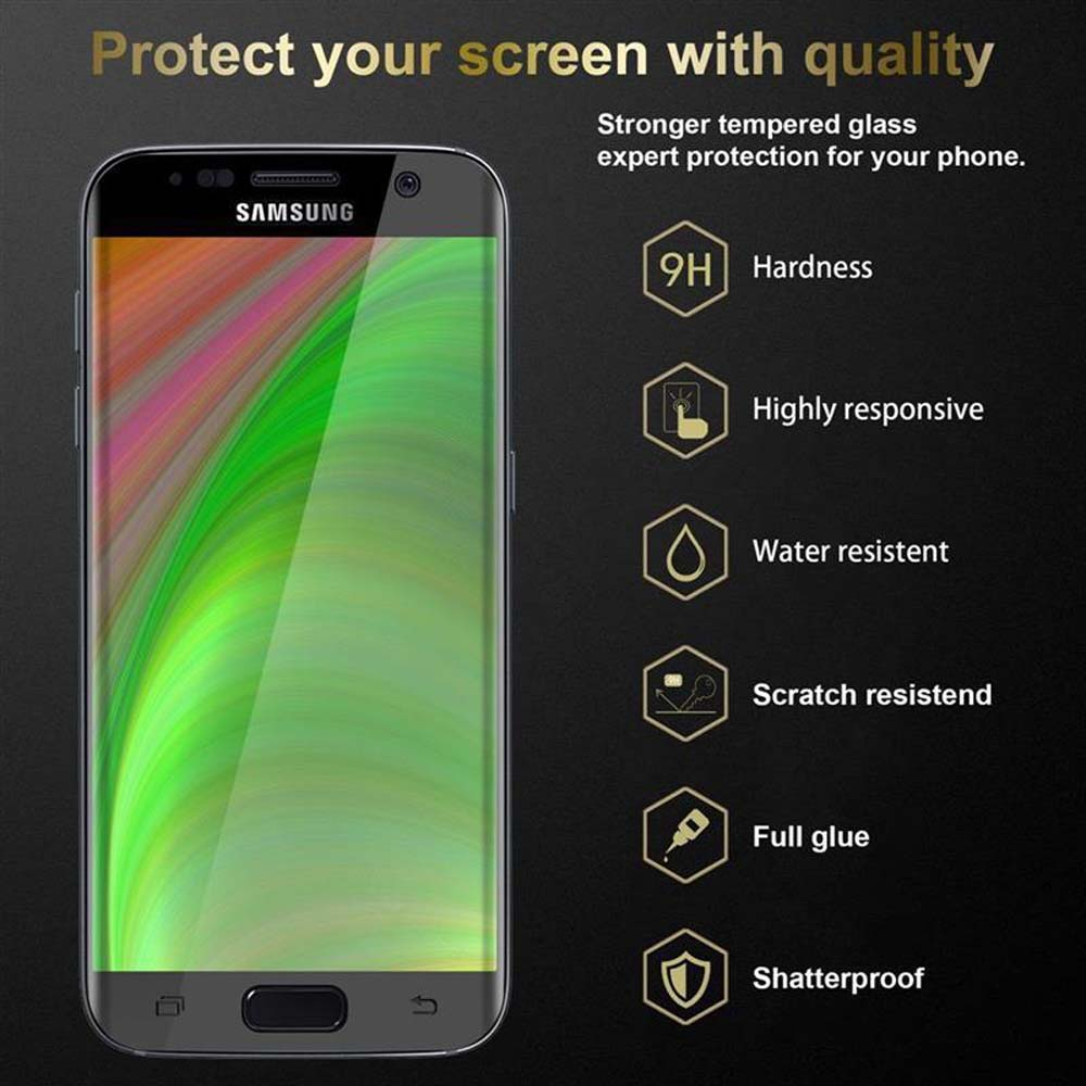Un teléfono con protector de pantalla y fondo negro con iconos de protección.