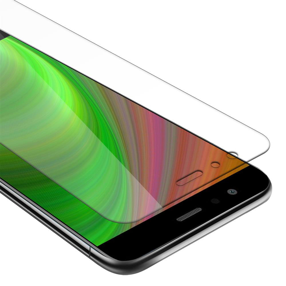 Primo piano del telefono con protezione schermo applicata, che mostra uno sfondo colorato.