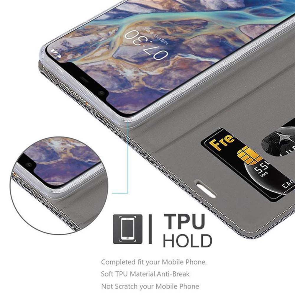Nahaufnahme einer Handyhülle mit Karte und Telefon. Text zeigt TPU-Halterung und bruchsicher an.