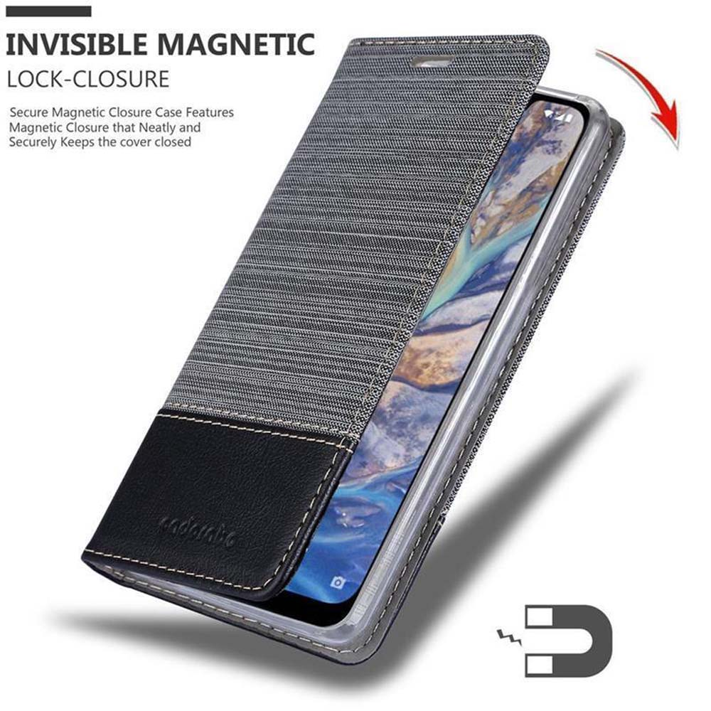 Eine Handyhülle mit Magnetverschluss, geöffnet, um das Telefon im Inneren zu zeigen.