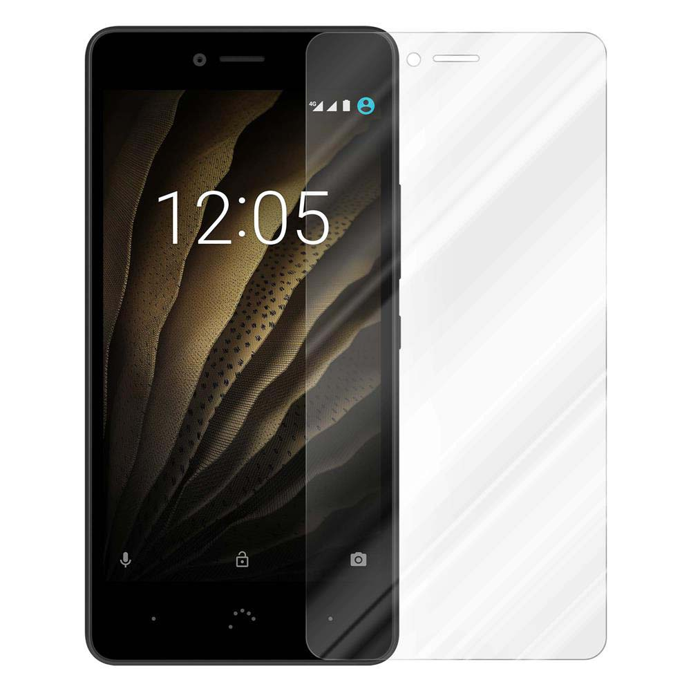 Teléfono con protector de pantalla. Muestra un teléfono negro con protector, mostrando la hora 12:05.