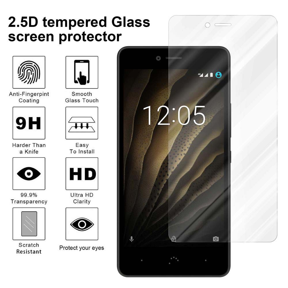 Un teléfono con protector de pantalla e iconos. Texto: Protector de pantalla de vidrio templado 2.5D