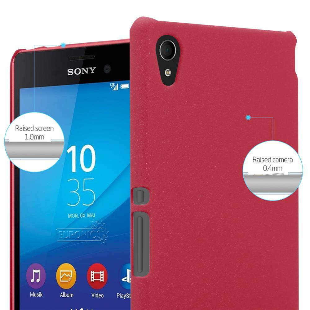 Funda roja con pantalla de teléfono mostrando la hora. Detalles de pantalla y cámara elevados.
