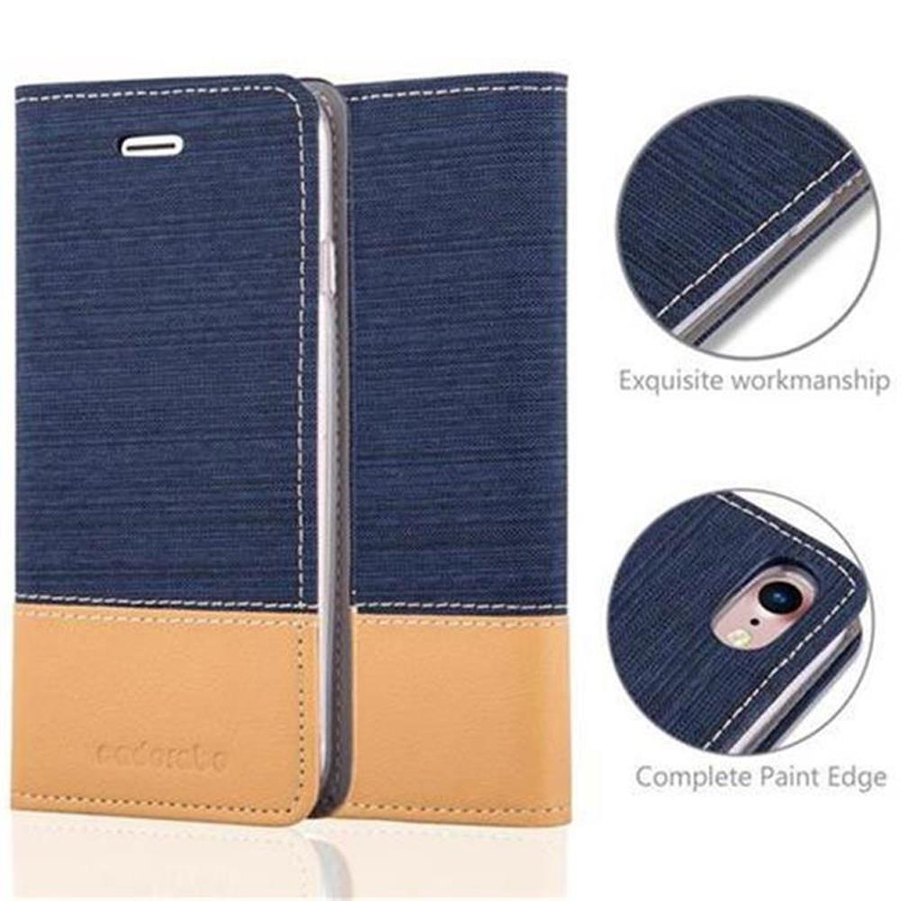Custodia per telefono blu e beige con bordi cuciti. I dettagli mostrano l'artigianato e il bordo verniciato completo.