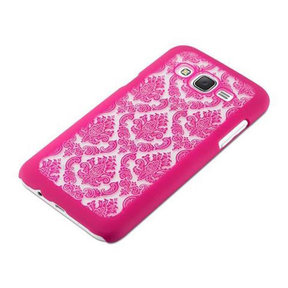 Custodia rosa per telefono con motivo floreale, su sfondo bianco. Copre retro e lati.