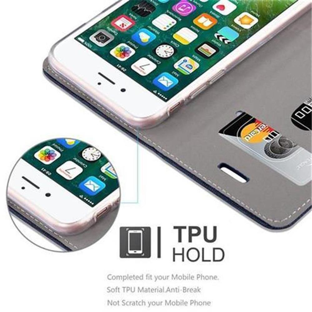 Un telefono in una custodia, la custodia è aperta, che mostra il telefono e gli slot per carte di credito.