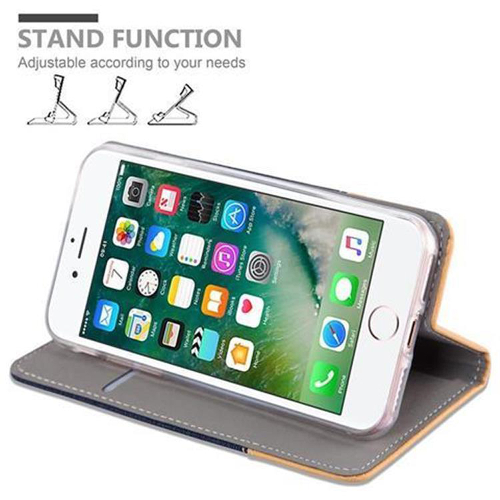 iPhone in una custodia con funzione stand regolabile. Mostra l'interfaccia e le app.