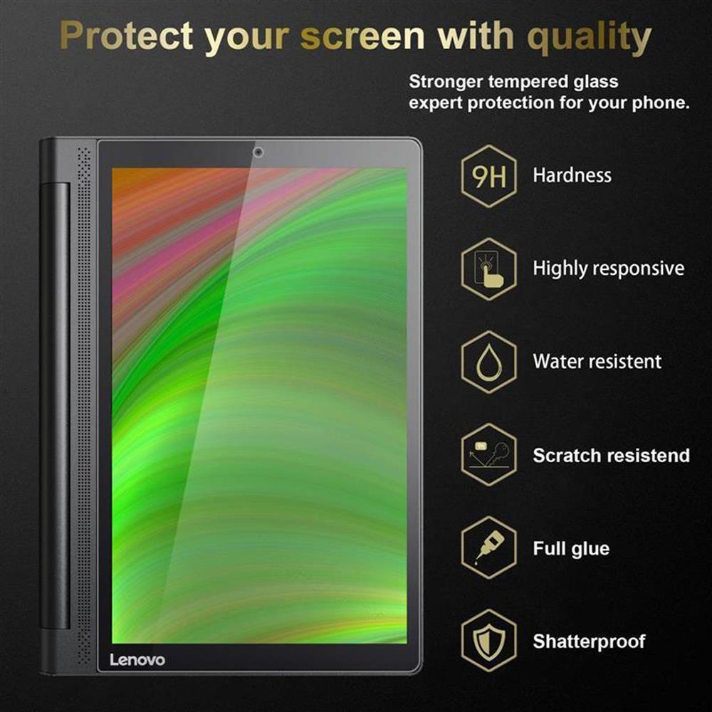Tablet-Displayschutz mit Symbolen für Funktionen wie Härte, Wasserbeständigkeit und Kratzfestigkeit.