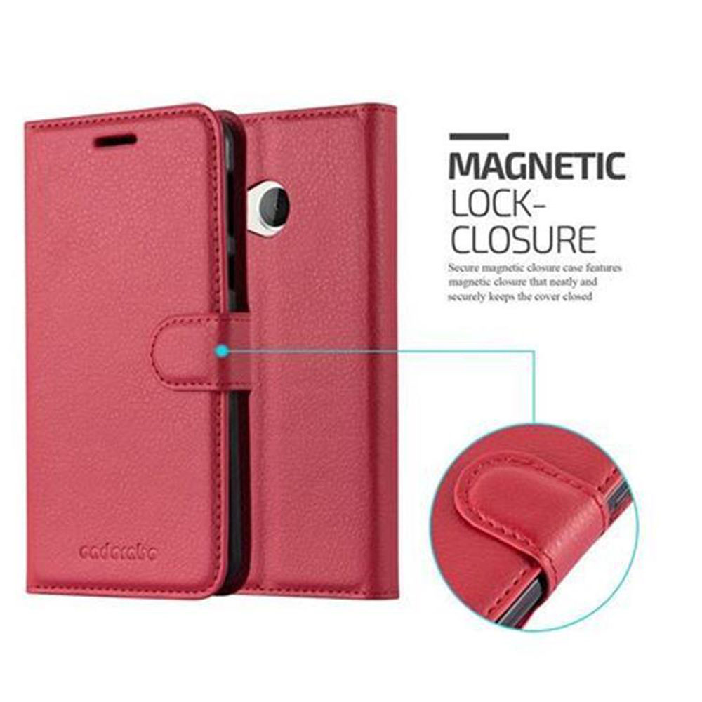 Custodia per telefono rossa con chiusura magnetica. Include dettaglio della chiusura.