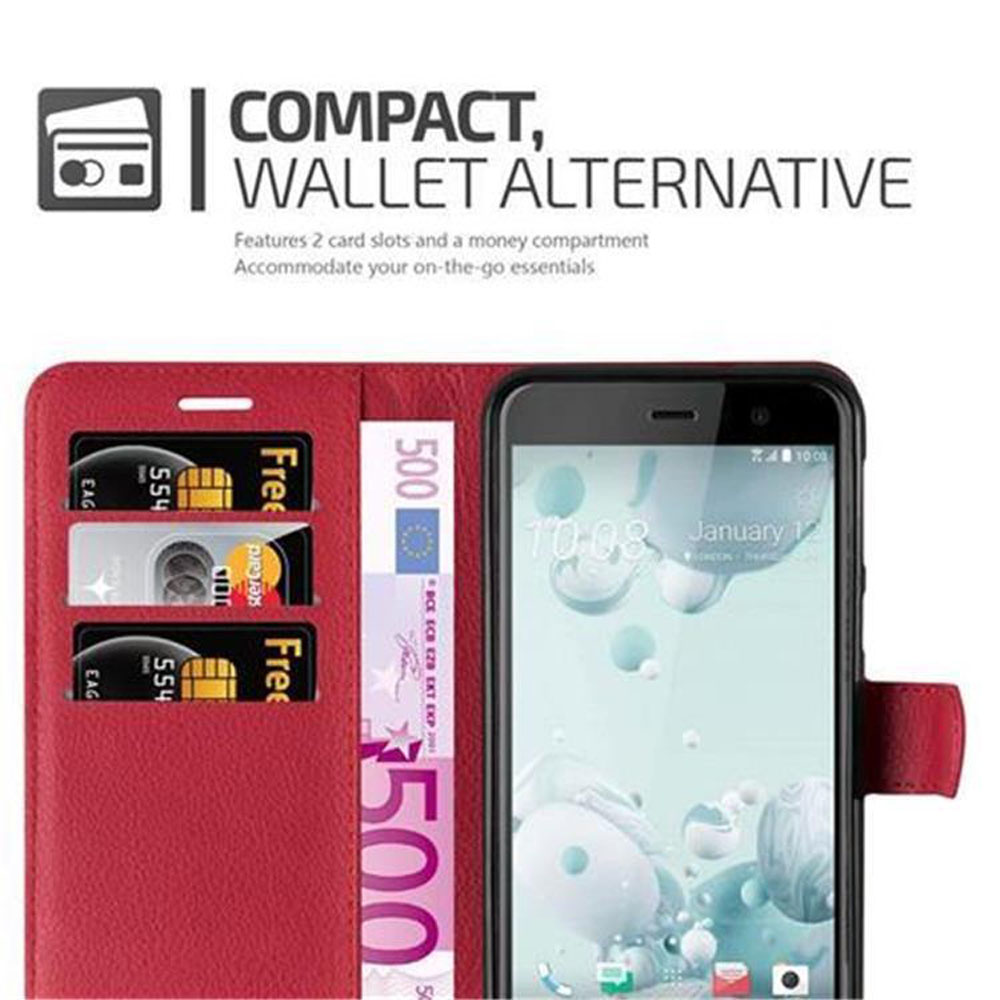 Una custodia a portafoglio rossa con un telefono all'interno, con fessure per carte e un vano per soldi.