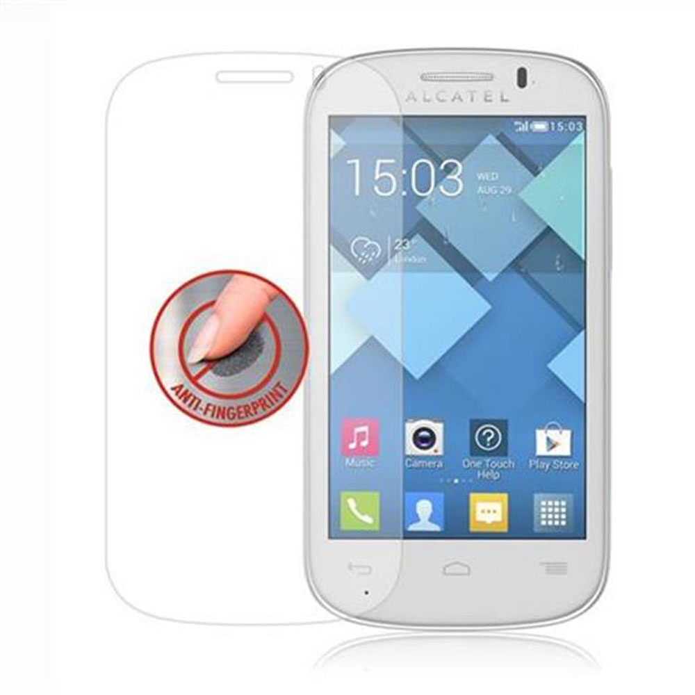 Un telefono Alcatel bianco con una protezione per lo schermo. Il testo sullo schermo del telefono dice 15:03.