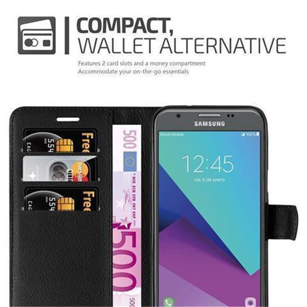 Custodia per telefono con carte e denaro. Testo: Compatto, Alternativa portafoglio. 2 slot e scomparto banconote.