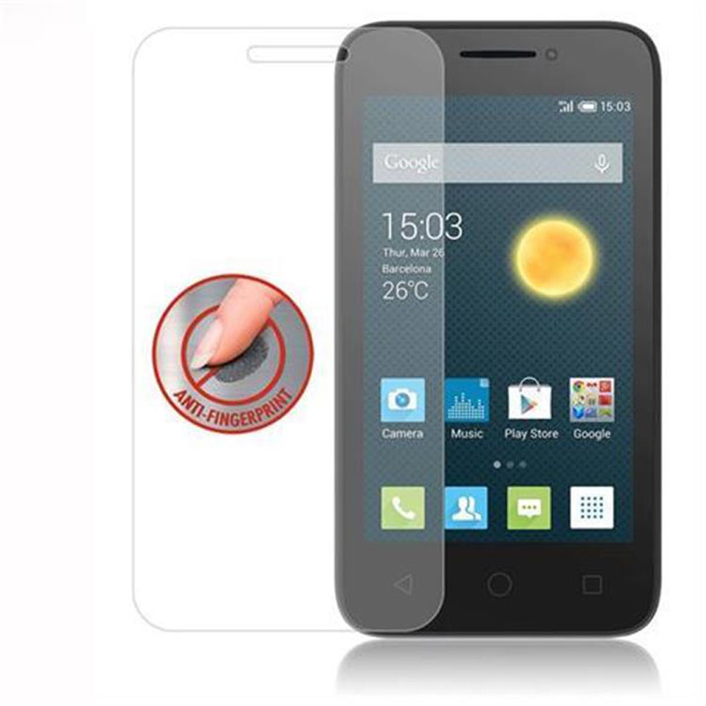 Un telefono con protezione schermo. La protezione è etichettata anti-impronte, con un'icona a forma di dito.