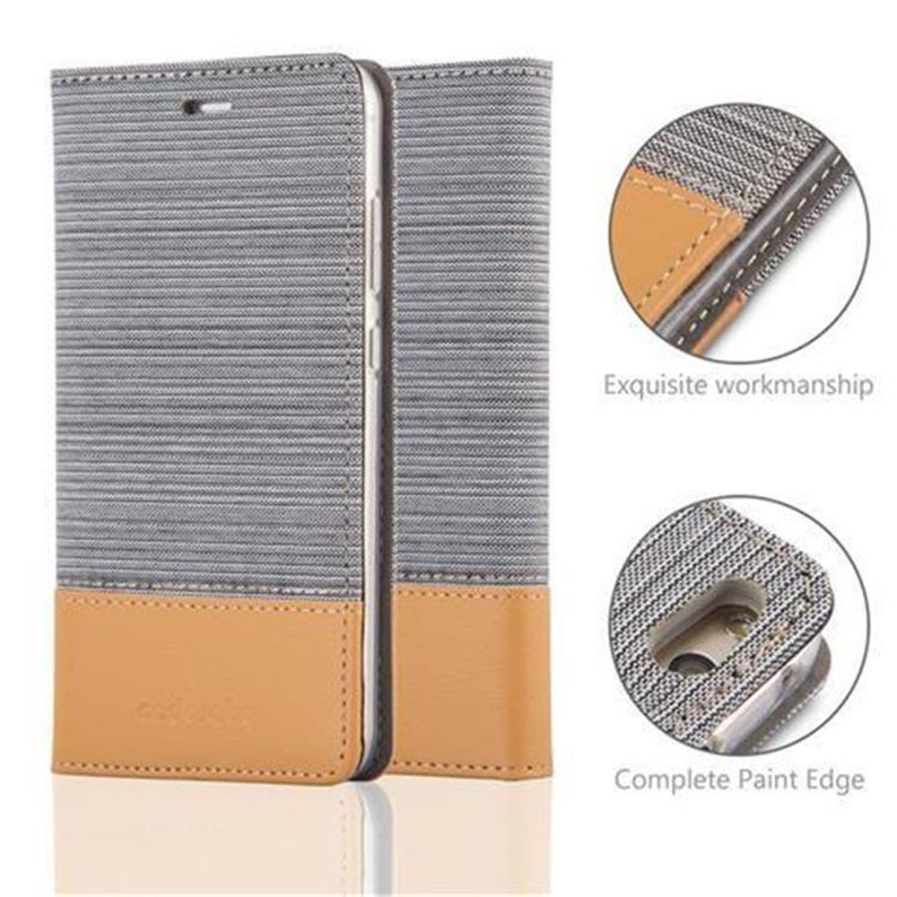 Custodia del telefono aperta. Design a righe grigio e marrone, con accento in pelle.
