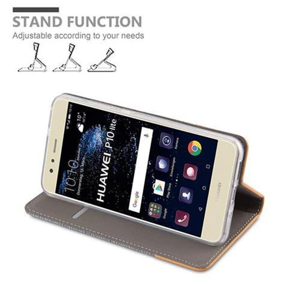 Uno smartphone in una custodia, puntellato per stare in piedi. Testo: Funzione stand. Regolabile in base alle tue esigenze.