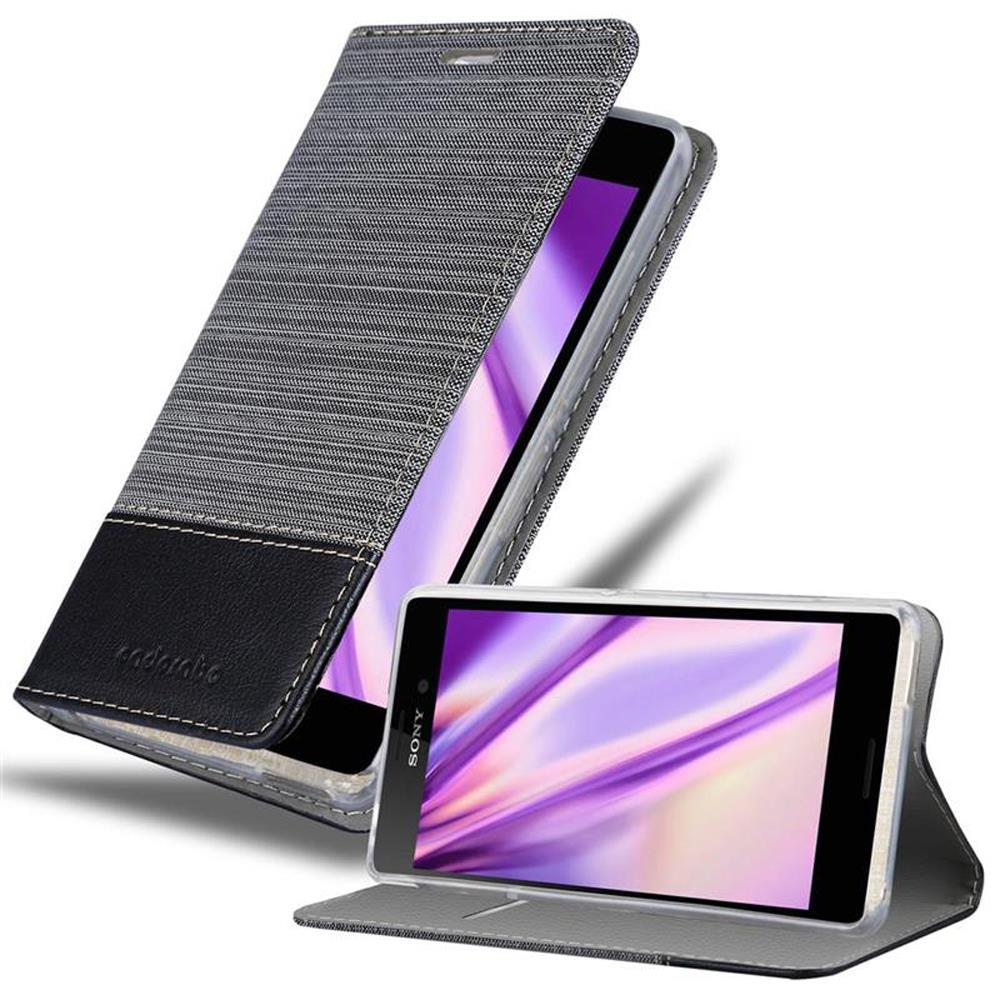 Teléfono en funda, abierto y cerrado. Funda gris y negra con teléfono blanco. Marca Sony visible.