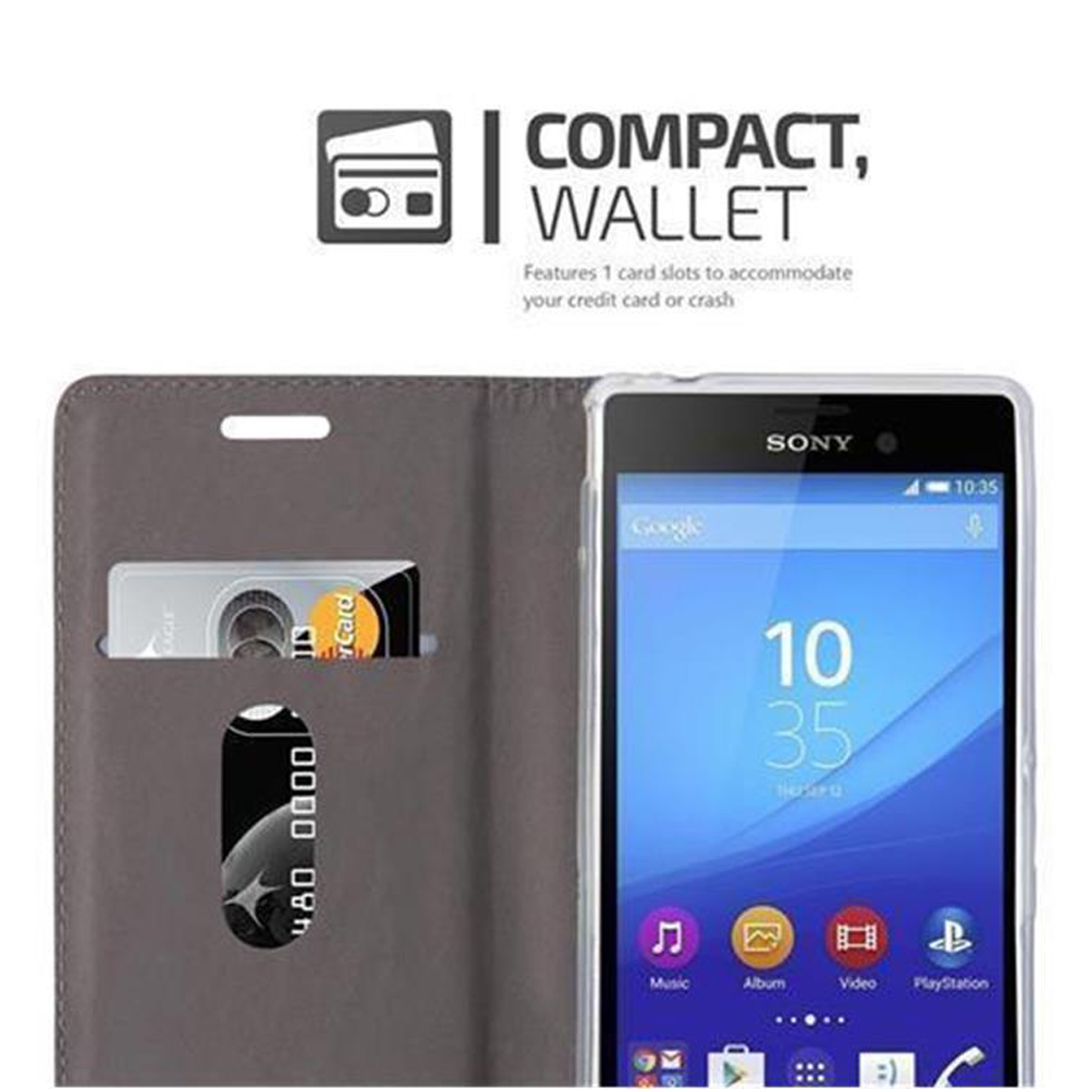 Funda de billetera gris abierta, muestra ranura para tarjeta y pantalla de smartphone.