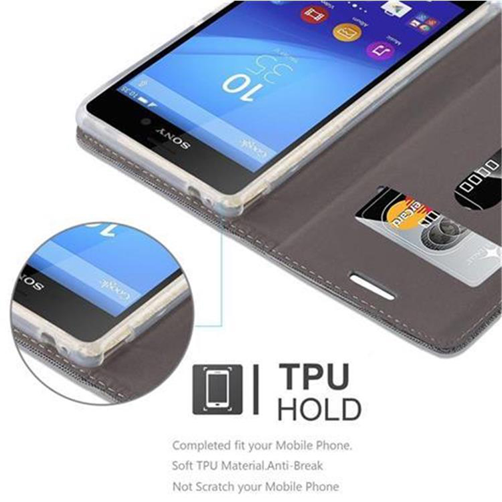 Un teléfono en una funda de TPU. Ranuras para tarjetas de crédito visibles. Teléfono sobre superficie marrón.