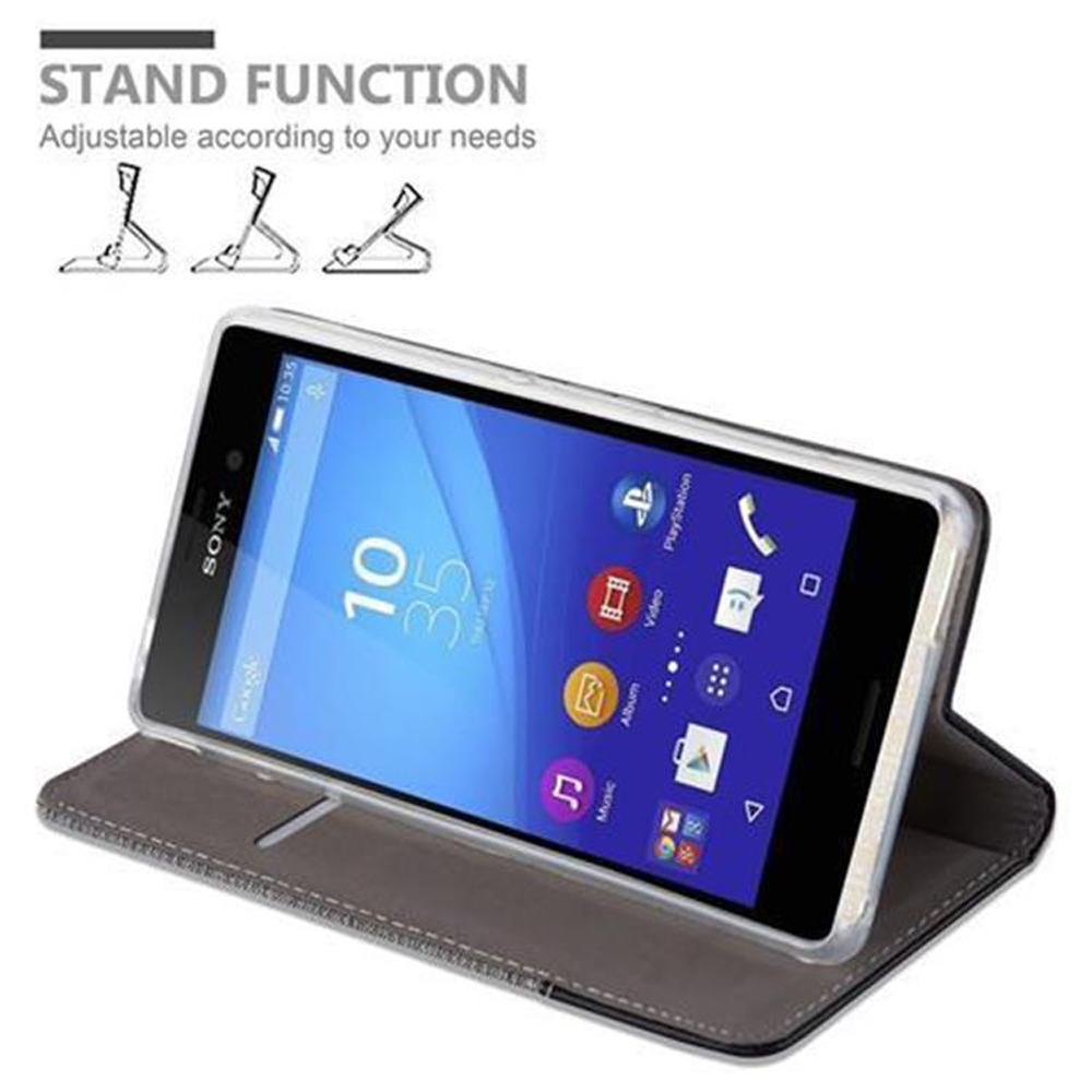 Teléfono Sony en una funda. El teléfono está apoyado como soporte.